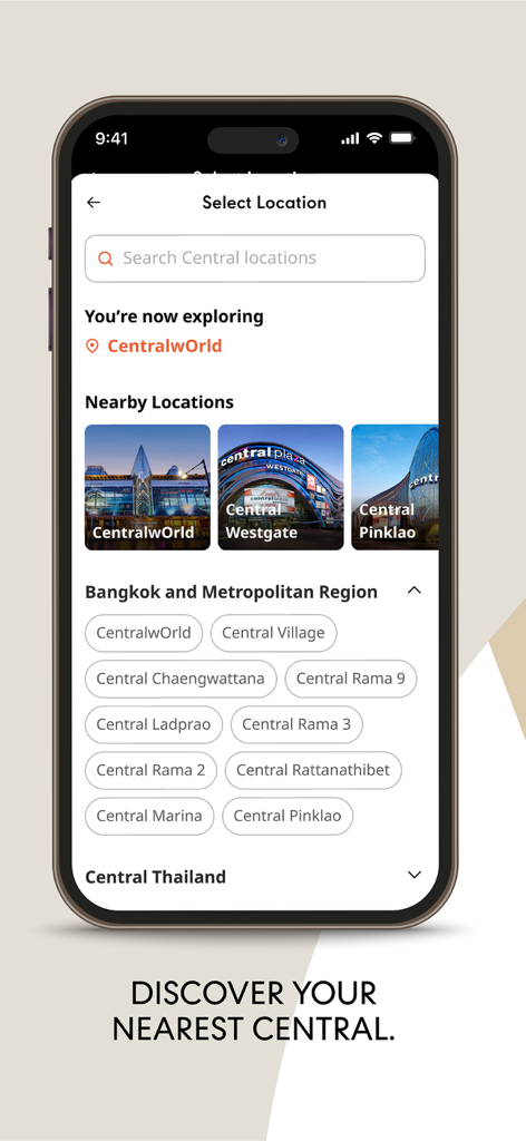 Central X - Interfaccia dell'app mobile Central X con un elenco di sedi di centri commerciali e una barra di ricerca per scoprire il centro Central più vicino