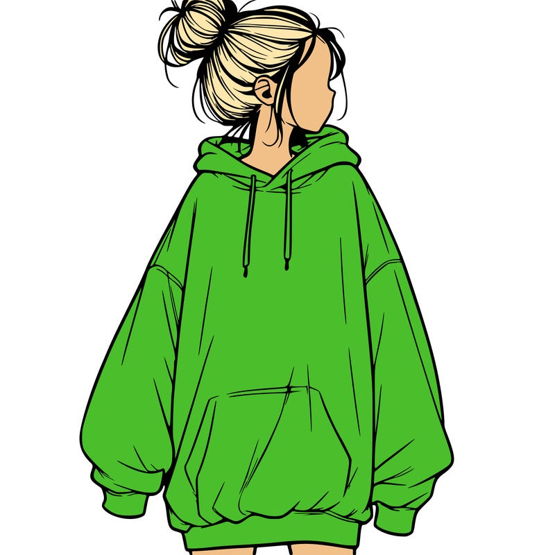 realistic girl with a oversized sweatshirt on and a bun