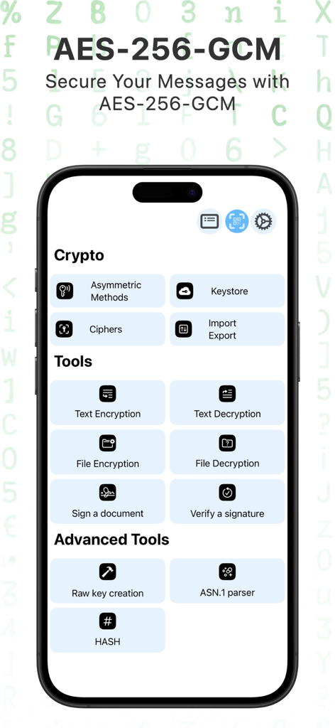 Crypto Tools (De)Encryption - Panel principal de la aplicación Crypto Tools que muestra herramientas de cifrado, descifrado y análisis de seguridad