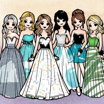 group of teenage girls in prom dresses