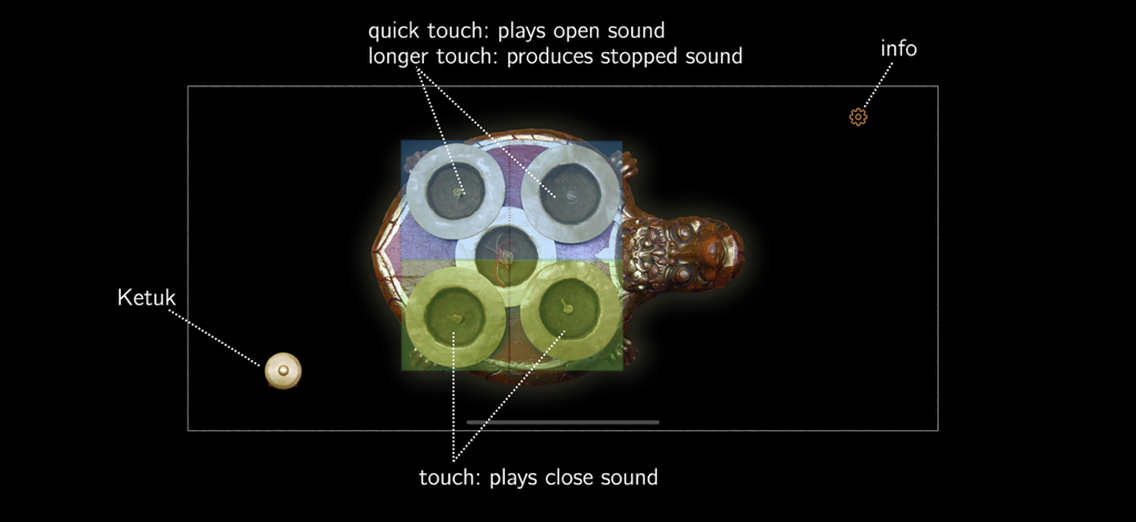 Ketuk Cengceng - Interfaz de la aplicación Ketuk Cengceng que muestra instrucciones de control táctil para instrumentos de Gamelán balinés