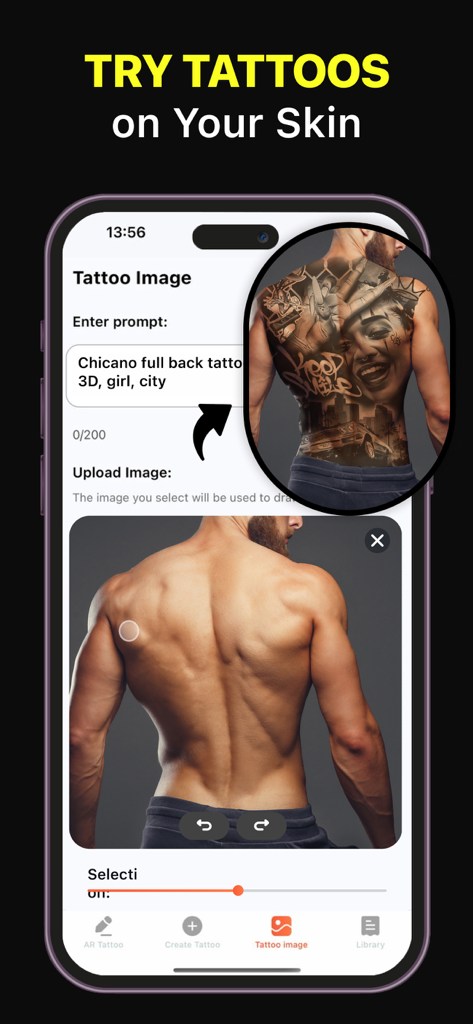 Ai Tattoo Generator Ink Tattoo - Interfaz de la aplicación Generador de Tatuajes IA mostrando una vista previa virtual de un tatuaje en la espalda de una persona