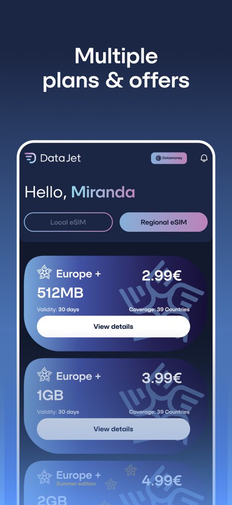 DataJet eSIM Travel & Internet - DataJetアプリのインターフェース。2.99ユーロから始まるさまざまなヨーロッパプラス地域eSIMデータプランを表示。