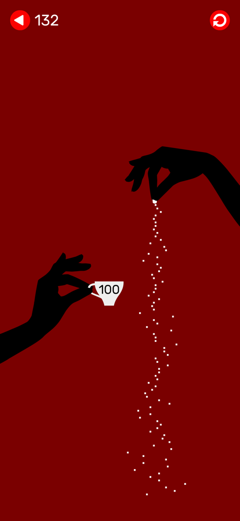 sugar (game) - A minimalist puzzle game screen with black hand silhouettes pouring white sugar particles into a small white cup on a deep red background