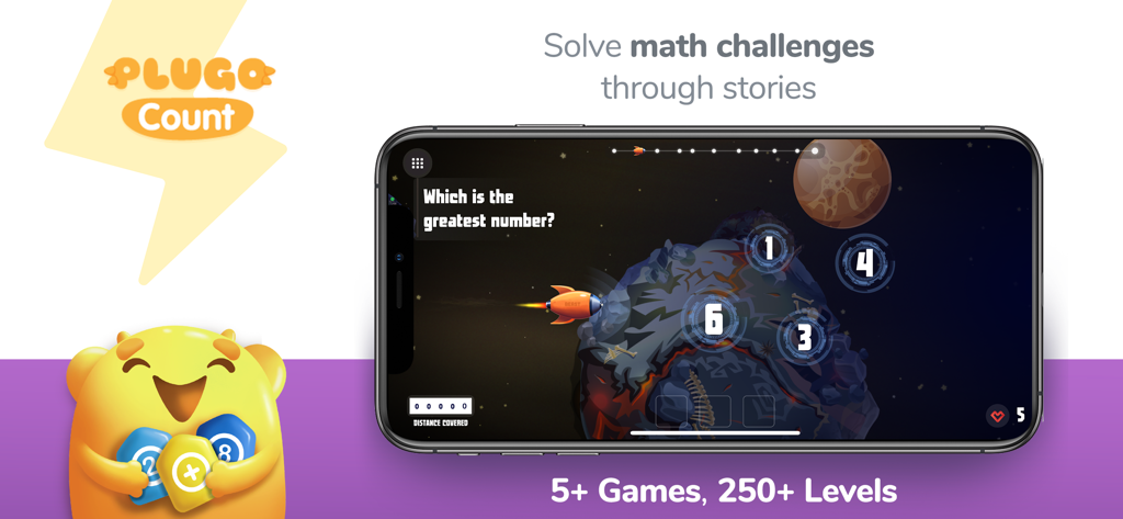 Interface de l'application Plugo Count montrant un défi mathématique sur le thème de l'espace pour les enfants