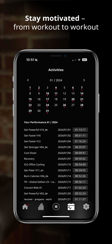 ICG Training - Interfaz de la aplicación ICG Training que muestra el calendario de actividades y el historial de entrenamientos de rendimiento para ciclismo indoor