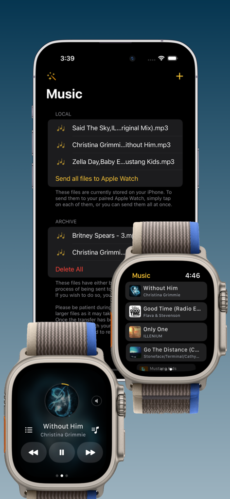 Interfaccia dell'app Player for Watch su iPhone e Apple Watch che mostra il trasferimento di file musicali e i controlli di riproduzione.