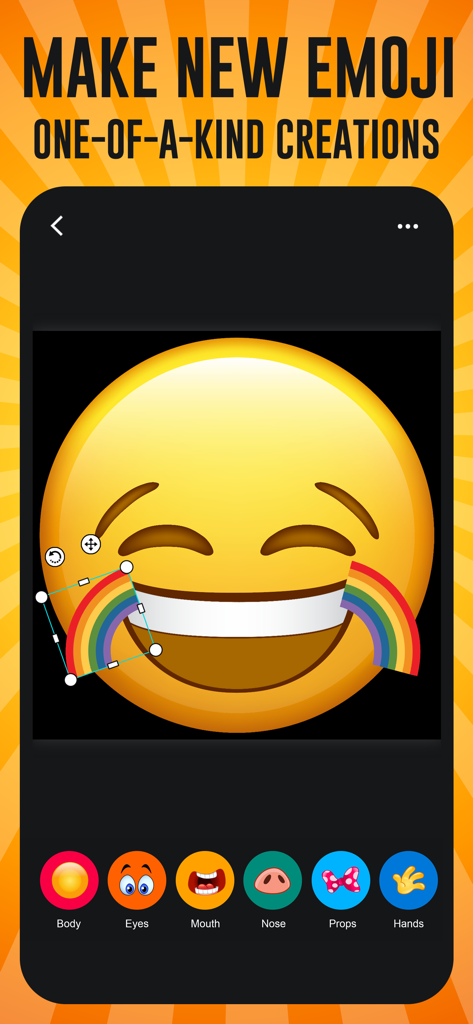 Emoji Maker, Avatar Creator - Emoji Maker app interface showing a custom yellow emoji with rainbow cheek stickers and editing tools