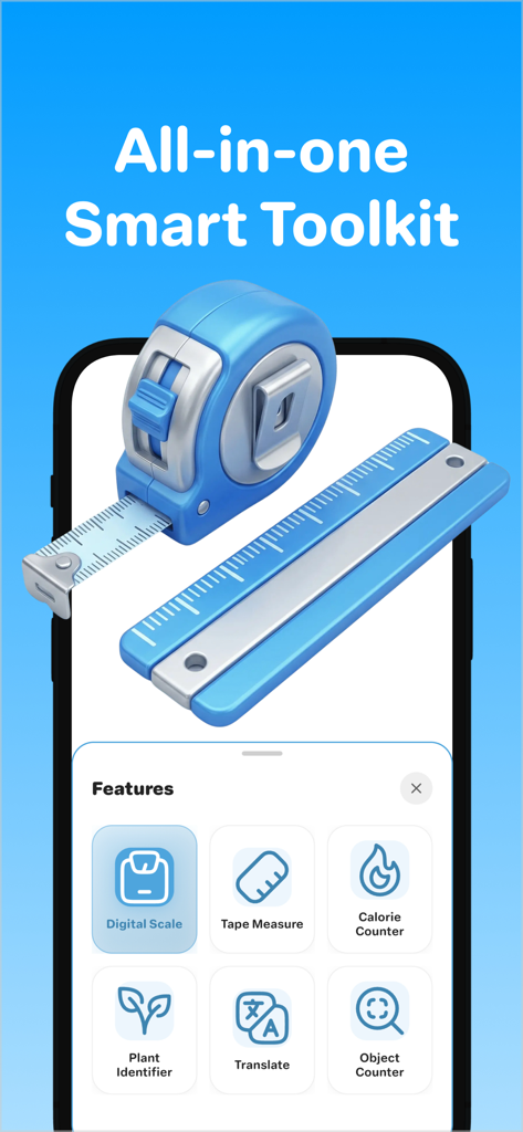 Pesa: Digital Scale for Grams - Pesa 앱 화면에 디지털 저울 및 줄자를 포함한 다양한 AI 유틸리티 도구가 표시됩니다.