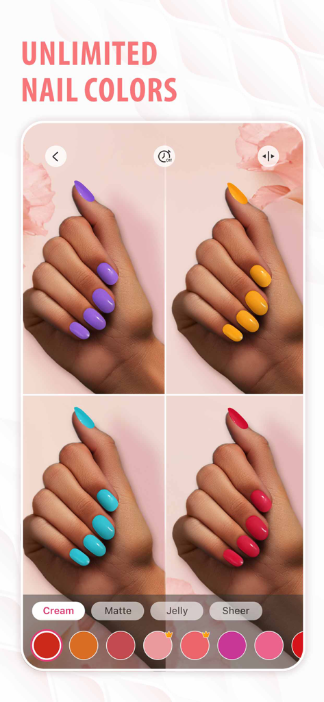 Virtual try on of various nail polish colors and finishes on a hand in the YouCam Nails app