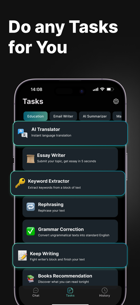 IA Chatbot Assistant - GemAI - GemAI Mobile App Dashboard mit KI-Schreib- und Produktivitätstools wie Aufsatzschreiber und Übersetzer.