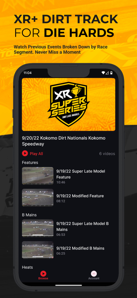 XR Events + - A mobile app interface for XR Events plus showing a list of on-demand dirt track racing segments from the Kokomo Dirt Nationals.