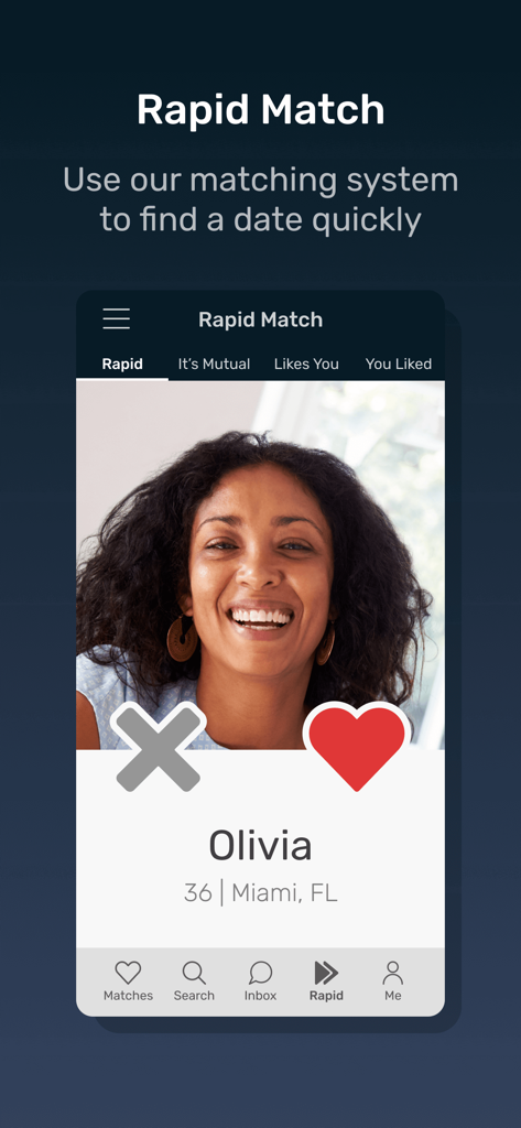 Interface of the Disabled Singles Dating app showing the Rapid Match feature with a user profile and swiping icons