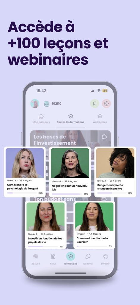 Plan Cash app screen displaying various financial courses and webinars for women