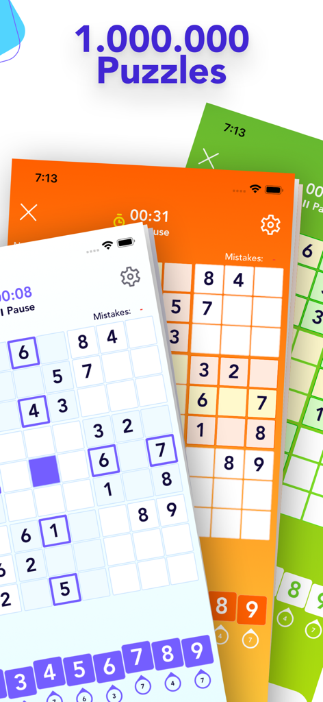 Sudoku mobile game interface showing multiple puzzle boards in different colors