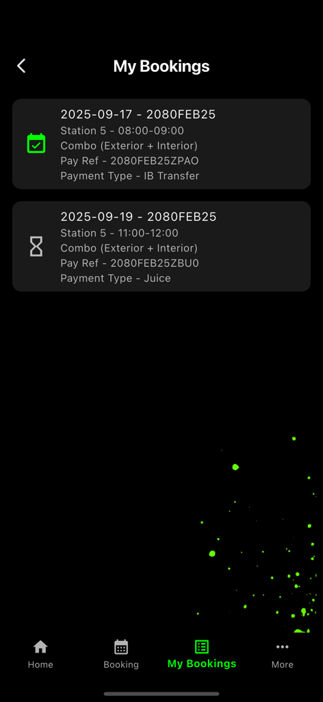 Flow Car Wash - The My Bookings screen in the Flow Car Wash app showing a list of scheduled exterior and interior car wash appointments with service details.
