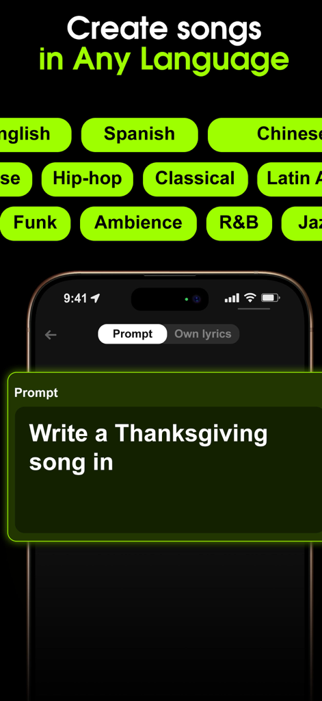 Zuka app interface showing options to create songs in different languages and music genres using AI prompts