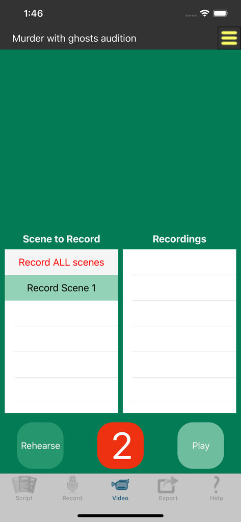 Audition Pro - Interface do aplicativo Audition Pro mostrando opções de gravação de vídeo e seleção de cena para uma audição.