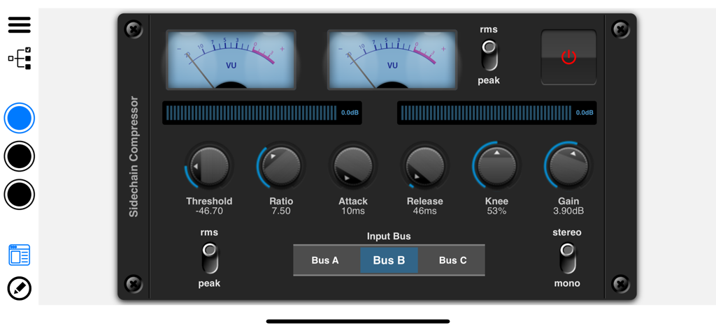 NuRack Auv3 FX Processor - Sidechain Compressor interface in NuRack AUv3 FX Processor showing VU meters and audio control knobs