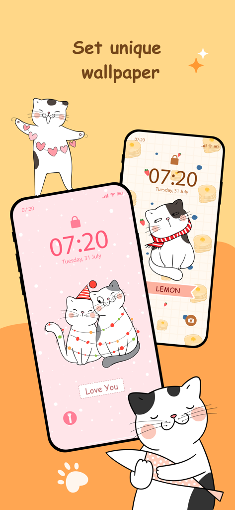 Two smartphones showing custom cat wallpapers created with the Cat Language app