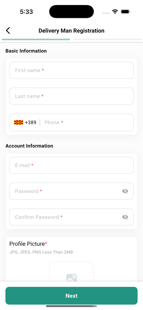 DeliveryHub Courier - Registration screen for the DeliveryHub Courier app featuring fields for basic and account information