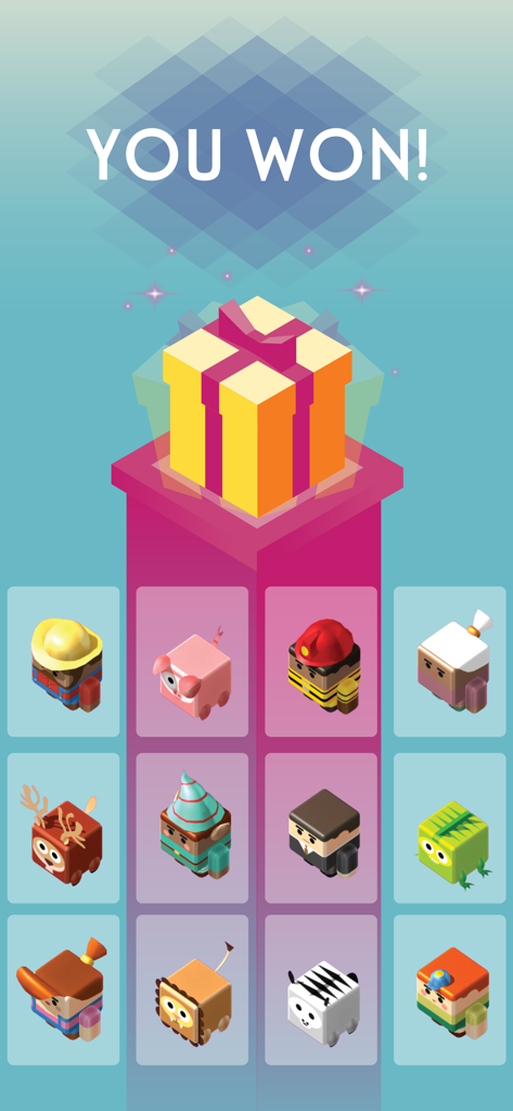 PLANK! - Plankゲームの勝利画面。報酬のギフトボックスと様々なアンロック可能なキャラクターが表示されている