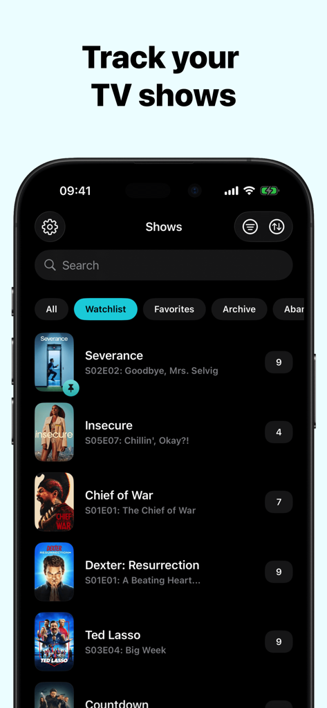 TV Show Tracker – CouchTimes - Interfaz de la aplicación CouchTimes mostrando una lista de seguimiento de series de televisión en un iPhone