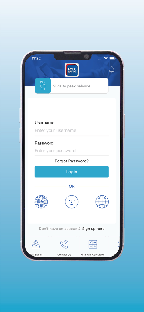 LOLC Realtime - Login page of the LOLC Realtime mobile banking app for secure account access.