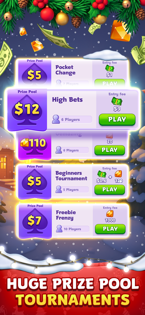 Solitaire Smash app screen showing various tournament prize pools and entry fees