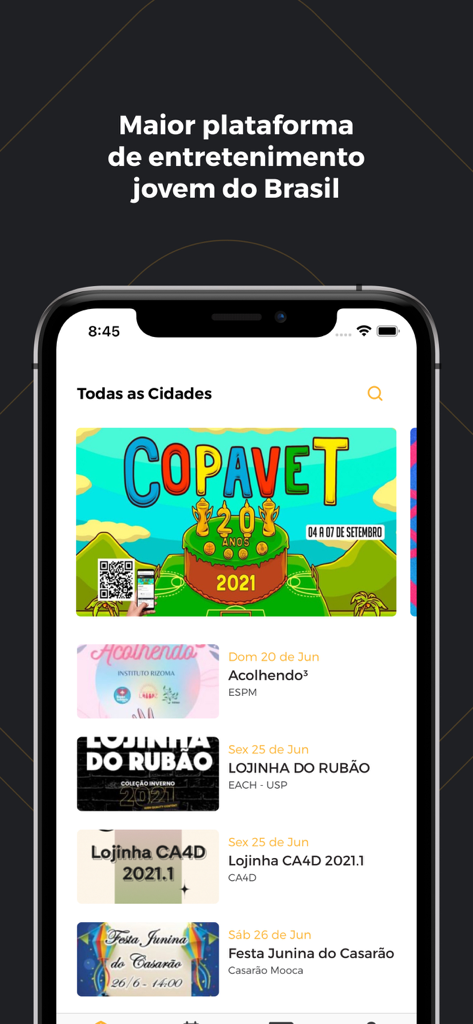Blacktag mobile app interface showing a variety of upcoming youth events and parties