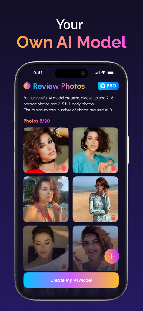 AI Photo - Headshot Generator - Interfaz de una aplicación móvil que muestra la pantalla de carga y revisión de fotos para entrenar un modelo de IA personalizado para retratos profesionales.