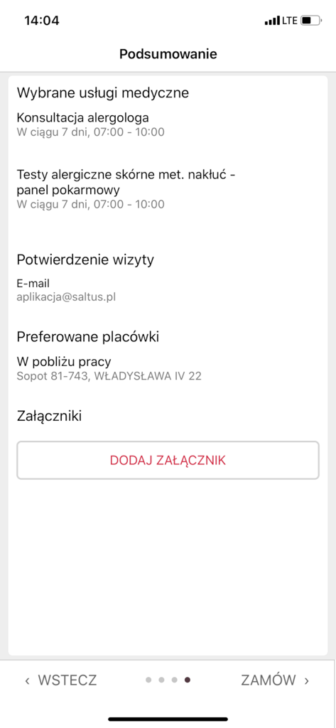 Medical appointment summary screen in the Saltus Zdrowie mobile app showing selected services and preferred location.