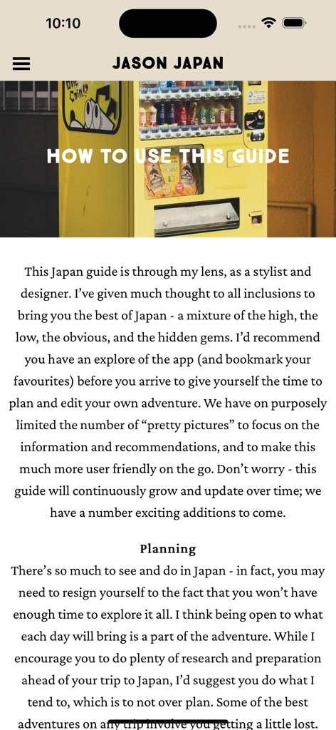 Pantalla introductoria de la aplicación Jason Japan Travel explicando las funciones y la filosofía de la guía.