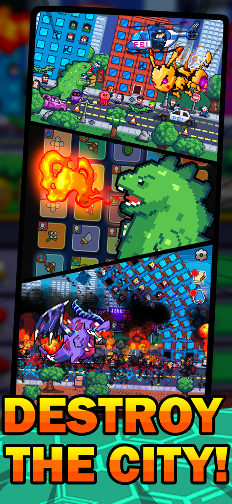 Legends of Monster Idle RPGのピクセルアートゲームプレイシーン。巨大なモンスターが都市を破壊している様子が描かれている