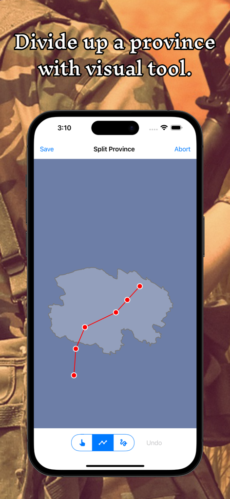 iPhone screen showing the split province visual tool to redraw borders in the A+ World Map Editor app.