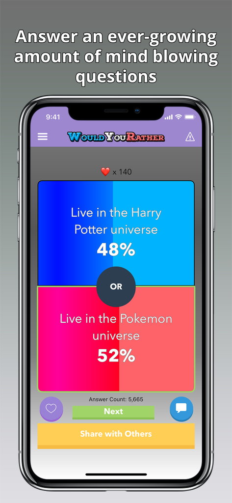 Would You Rather? Viral Game - Mobile app screenshot of a Would You Rather question comparing Harry Potter and Pokemon universes with community voting results.