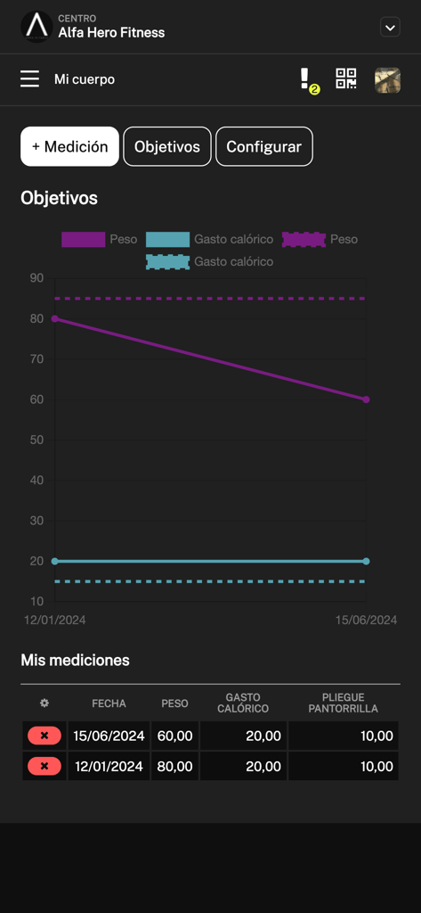 Alfa Hero - Alfa Hero app showing body metrics tracking with a weight loss progress graph and measurement data table