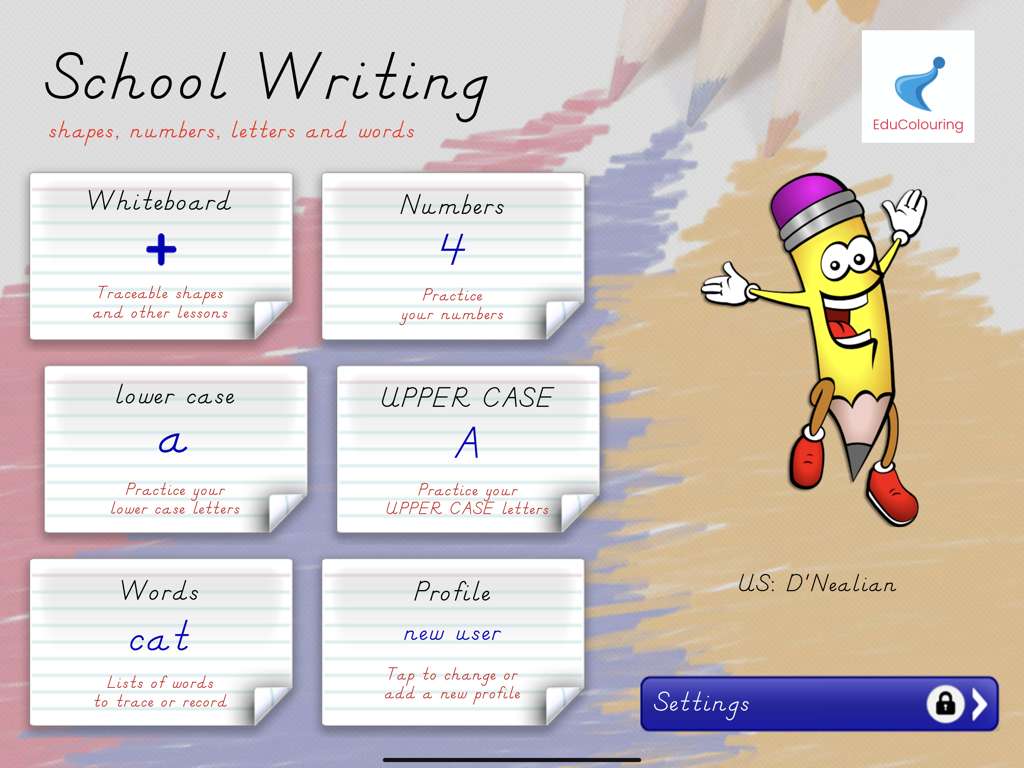 School Writing - learn the abc - Menú principal de la aplicación School Writing para aprender a escribir a mano con varias categorías de práctica
