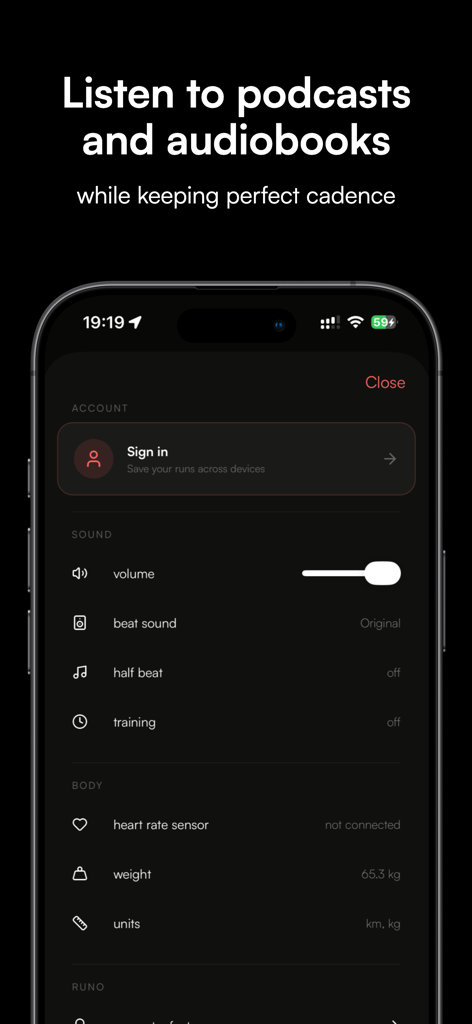 runo - Metronome for Running - Pantalla de configuración de la aplicación de metrónomo Runo para corredores que muestra opciones de audio y métricas corporales