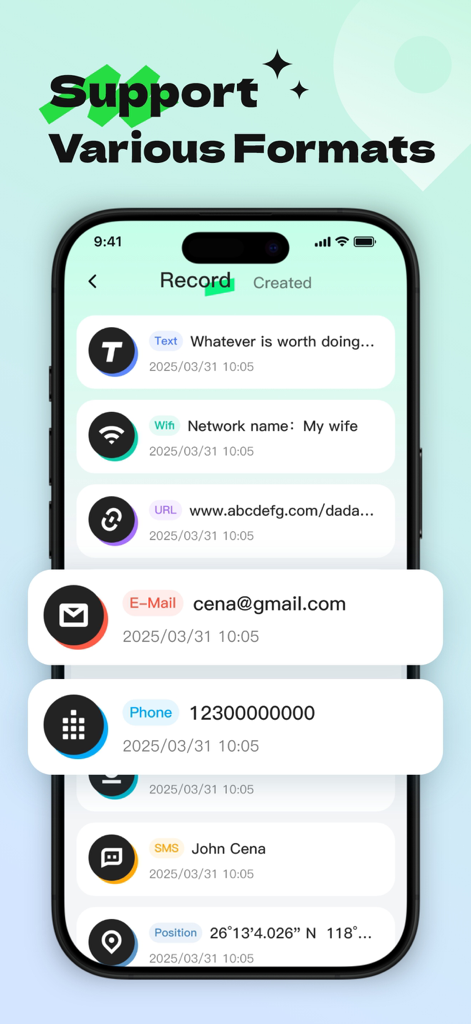 QR Scanner - Create, Scan - A smartphone screen showing the scan record history of the QR Scanner app with various formats like text, wifi, email, and phone number.