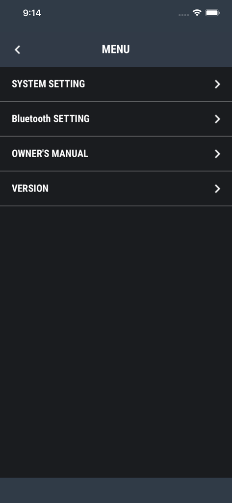 FS-1-WL Editor - Menu screen of the FS-1-WL Editor app showing system and Bluetooth settings