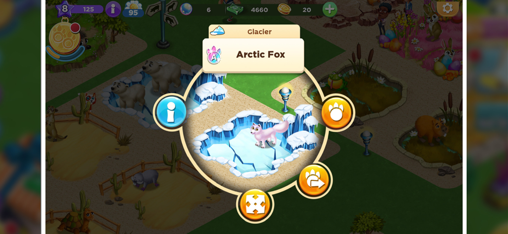 Zoo Craft - Animal Park Tycoon - Un zorro ártico en un hábitat de glaciar nevado dentro de la interfaz del juego magnate de parques de animales Zoo Craft.