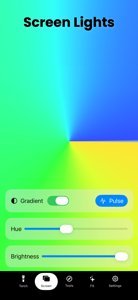 Flashlight - Bright LED Torch - Screenshot der MorseTorch App, die die Bildschirmlichtfunktion mit Farbverlauf und Helligkeitsanpassungen zeigt