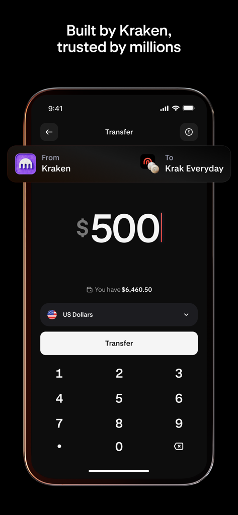 Krak: Money & Crypto Transfer - Krak 앱 인터페이스: Kraken에서 500달러 송금 표시