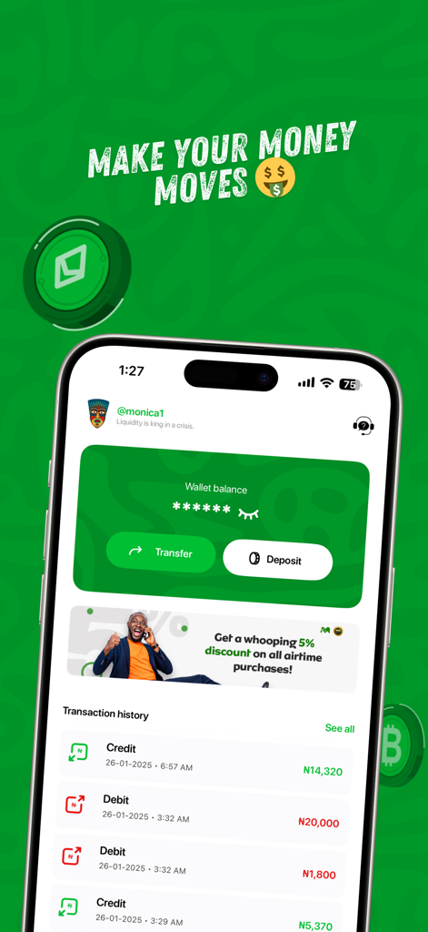 Monica mobile app interface displaying wallet balance, transaction history, and a five percent discount banner for airtime.