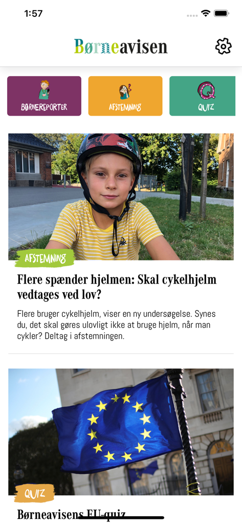 Børneavisen mobile app interface showing news articles, polls, and quizzes for children