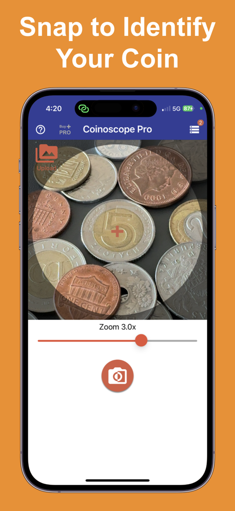 Coinoscope mobile app interface showing a camera viewfinder identifying various coins
