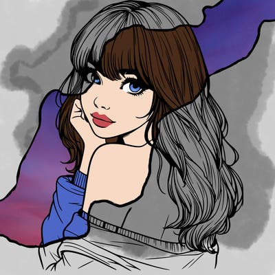 realistic girl with bangs looking over her shoulder