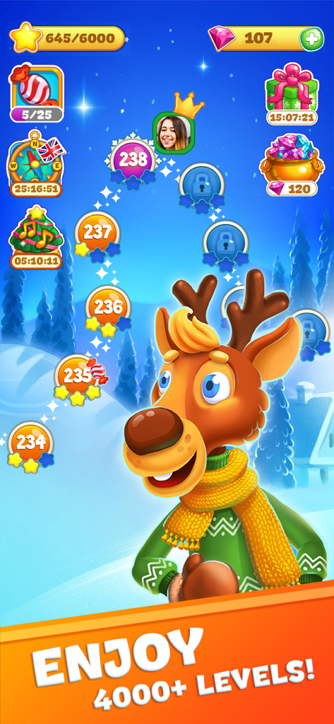 Level map of Christmas Sweeper 3 match-3 game with a festive reindeer character