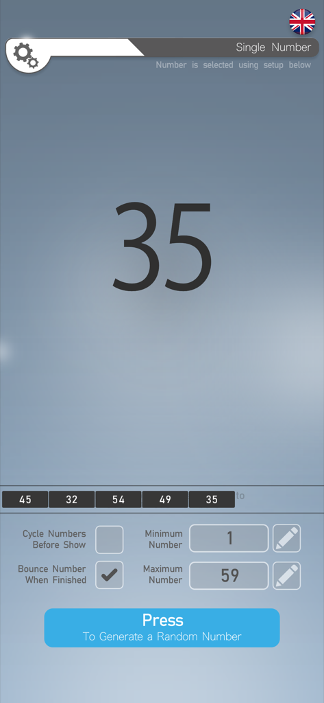Random Number App - Interface do aplicativo de números aleatórios mostrando um único número gerado com configurações de intervalo personalizáveis